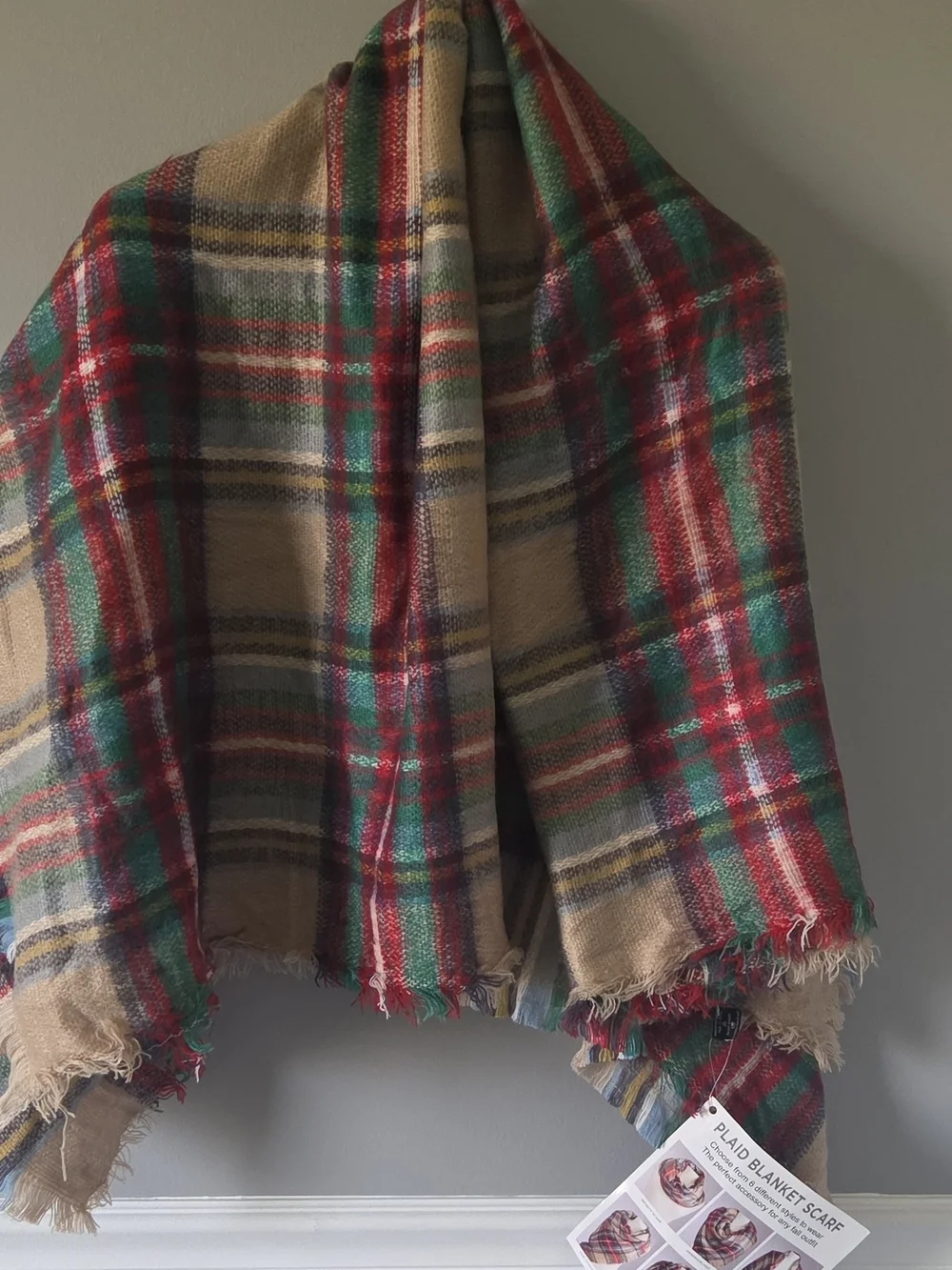 Cozy Tartan Plaid Blanket Scarf in Beige, Red & Green
